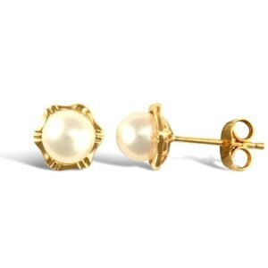 JES342 | 9ct yellow gold flower stud earrings with a centre pearl